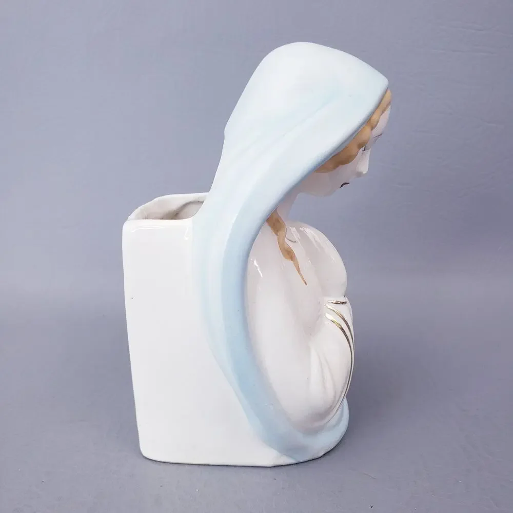 Vintage Virgin Mary Praying Madonna Ceramic Planter Vase Blue Veil Gold Accents